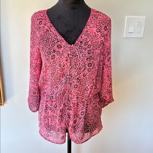 Banana Republic Pink and Black Floral Cinched waist Blouse